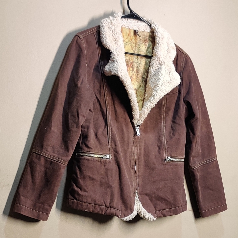 Eythel Denim Brown Suede Satin-Lined W/ Horse Print And Sherpa Collar Size Small